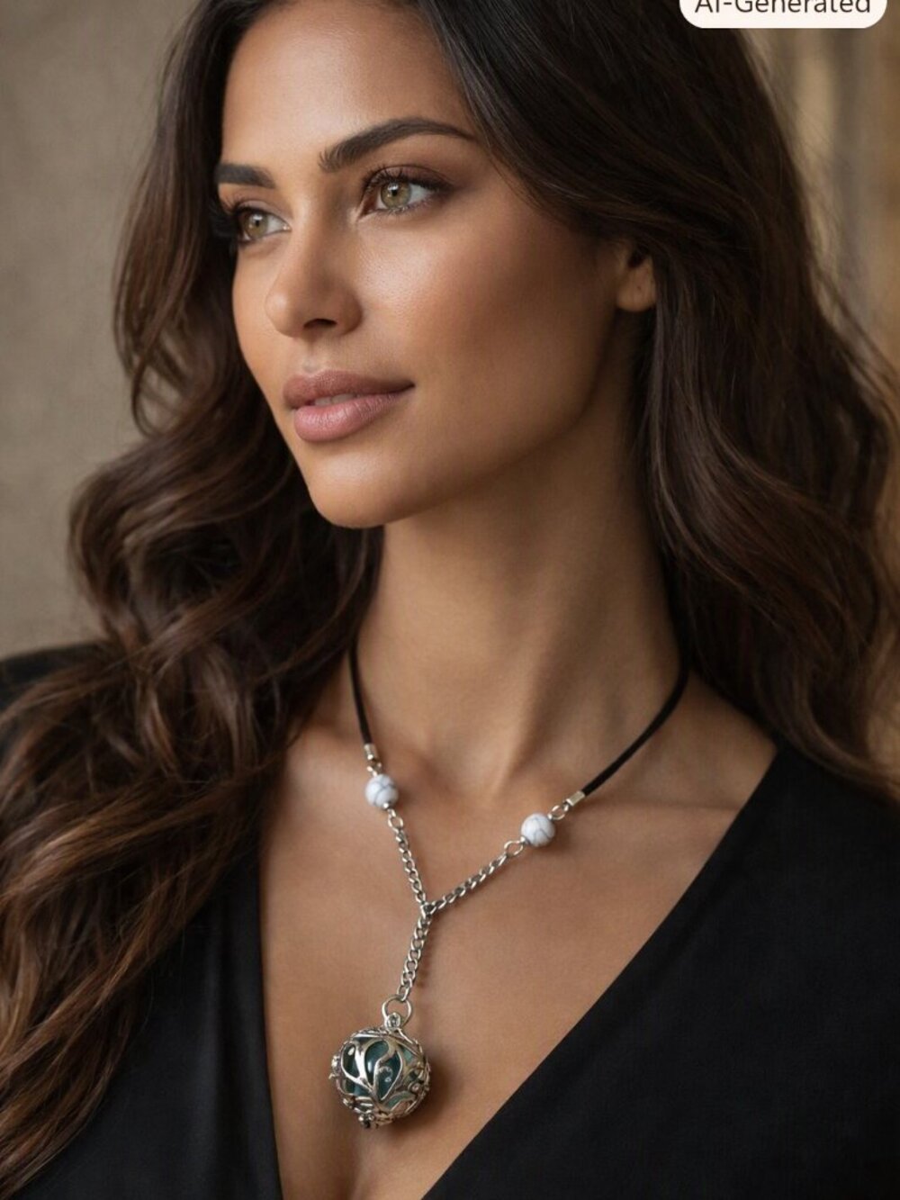 Teal Stone & Marble Accents Lariat Necklace - Picture 4 of 5